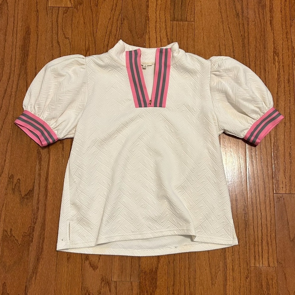 TodiFit Sport Chic Puff Sleeve Athletic Top Pink Gray Trim Size S - Picture 2 of 7